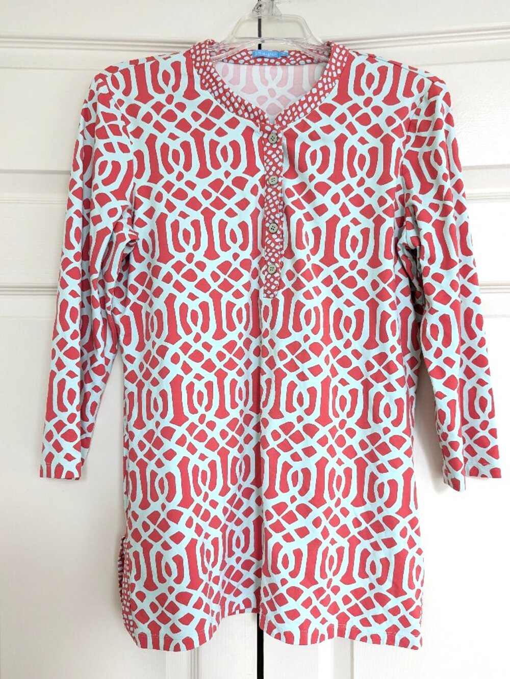 J.McLaughlin Women M Aqua Coral Geometric Catalina Cloth Tunic Top